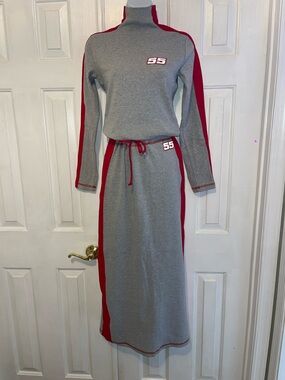 Gray Knit Two-Piece Set with Red Side Panels